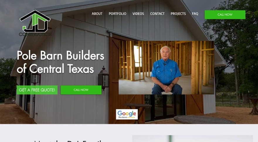 The Jon DeL Construction homepage on desktop