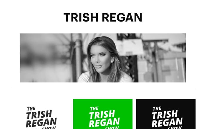 Trish Regan brand board with logo variations, type, colors and social examples